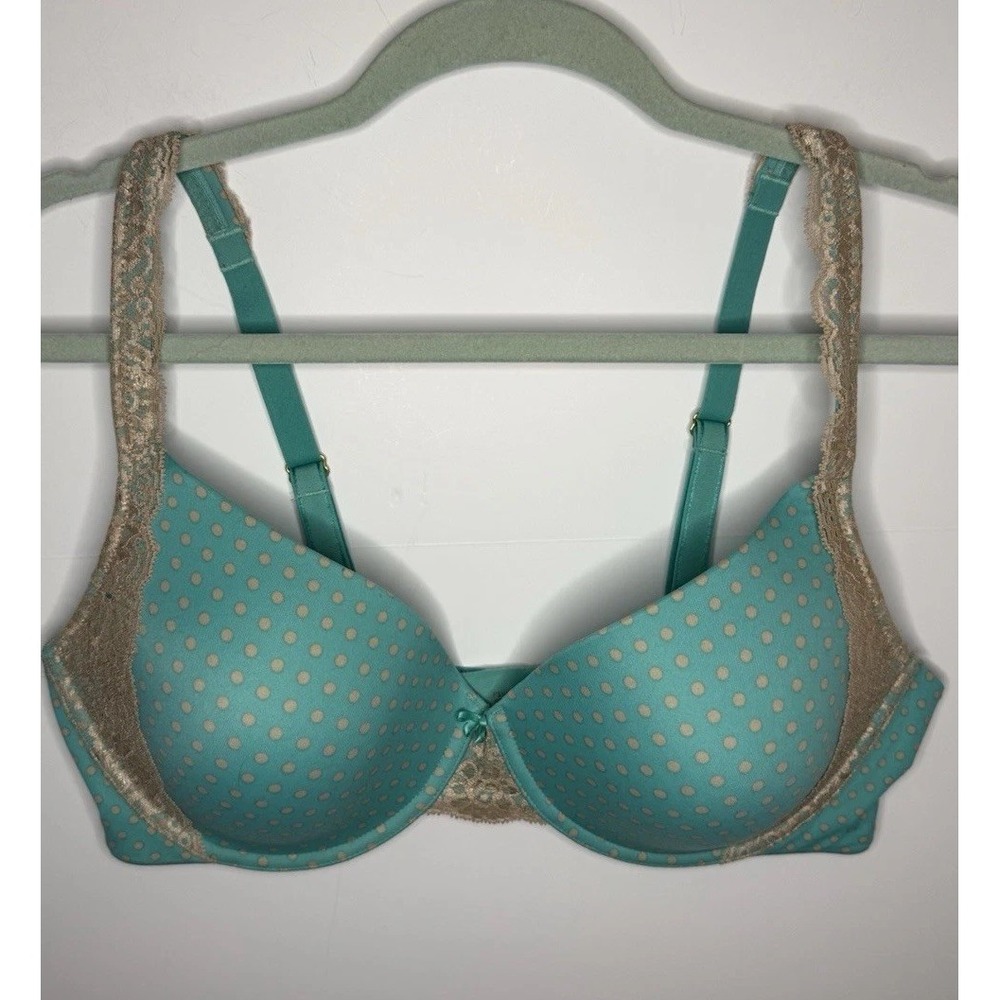 Soma Bra Womens 38D Embraceable Demi Lace Trim Green Gold Polka Dot Fast Ship‎